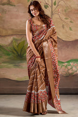 Adorable Brown Digital Printed Dola Silk Saree With Pretty Blouse Piece