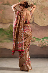 Adorable Brown Digital Printed Dola Silk Saree With Pretty Blouse Piece