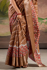 Adorable Brown Digital Printed Dola Silk Saree With Pretty Blouse Piece