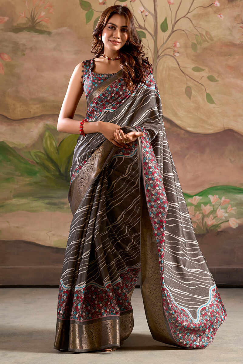 Verdant Dark Grey Digital Printed Dola Silk Saree With Mellifluous Blouse Piece