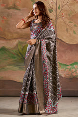 Verdant Dark Grey Digital Printed Dola Silk Saree With Mellifluous Blouse Piece