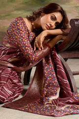 Rhapsody Wine Digital Printed Dola Silk Saree With Skinny Blouse Piece