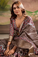 Wonderful Brown Digital Printed Dola Silk Saree With Trendy Blouse Piece