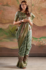 Impressive Green Digital Printed Dola Silk Saree With Twirling Blouse Piece