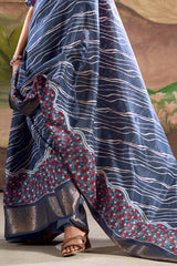 Classy Blue Digital Printed Dola Silk Saree With Fancifull Blouse Piece