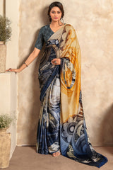 Staring Mustard and Blue Digital Printed Satin Silk Saree With Demanding Blouse Piece