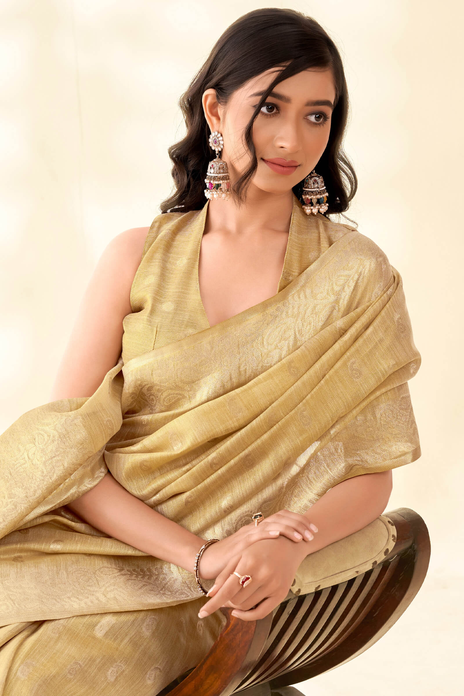 Groovy Beige Soft Banarasi Tissue Silk Saree With Grandiose Blouse Piece