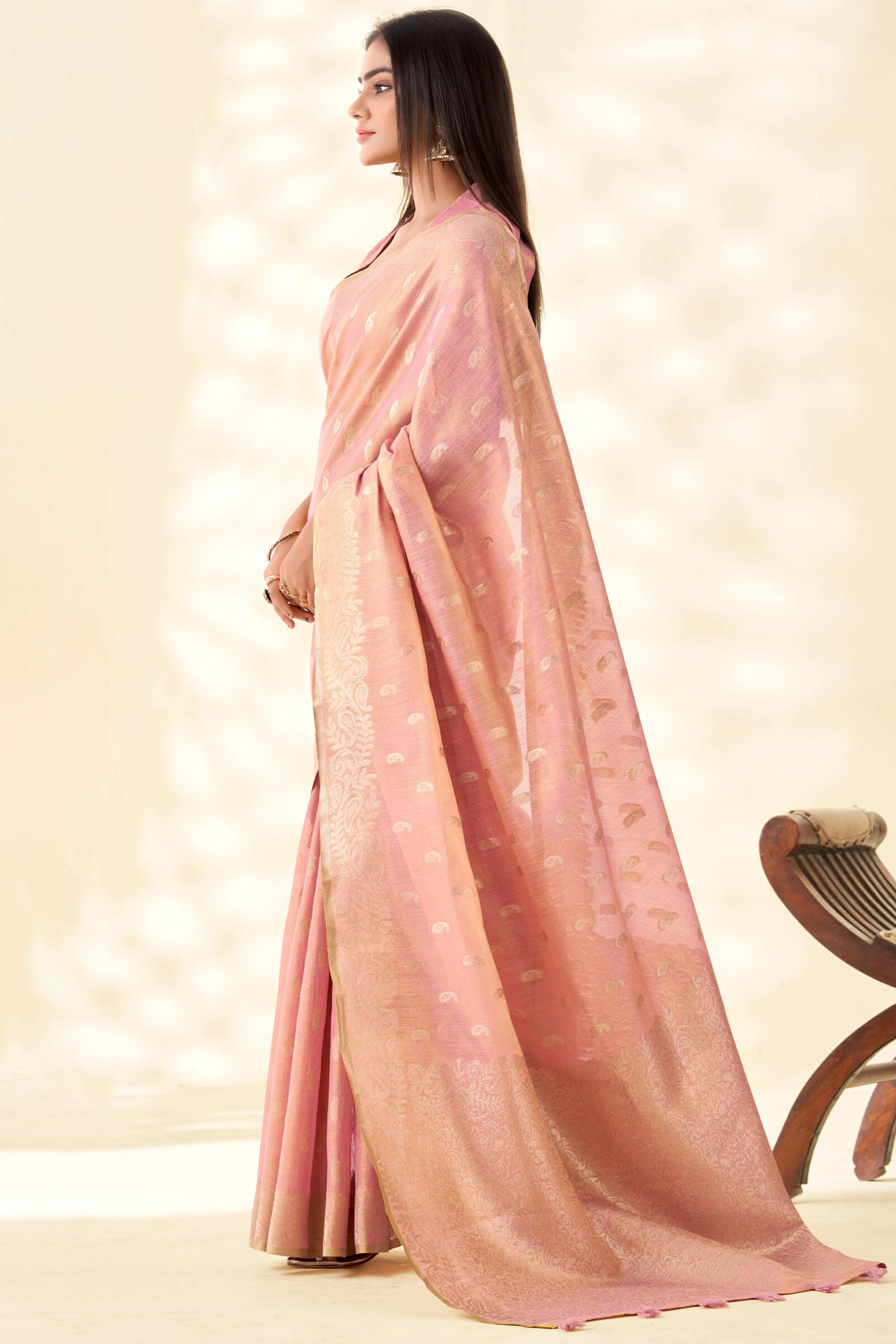 Beguiling Baby Pink Soft Banarasi Tissue Silk Saree With Fancifull Blouse Piece