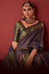 Amazing Navy Blue Kanjivaram Silk Saree With Mesmerising Blouse Piece