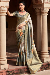 Smashing Grey Digital Printed Soft Silk Saree With Sonorous Blouse Piece
