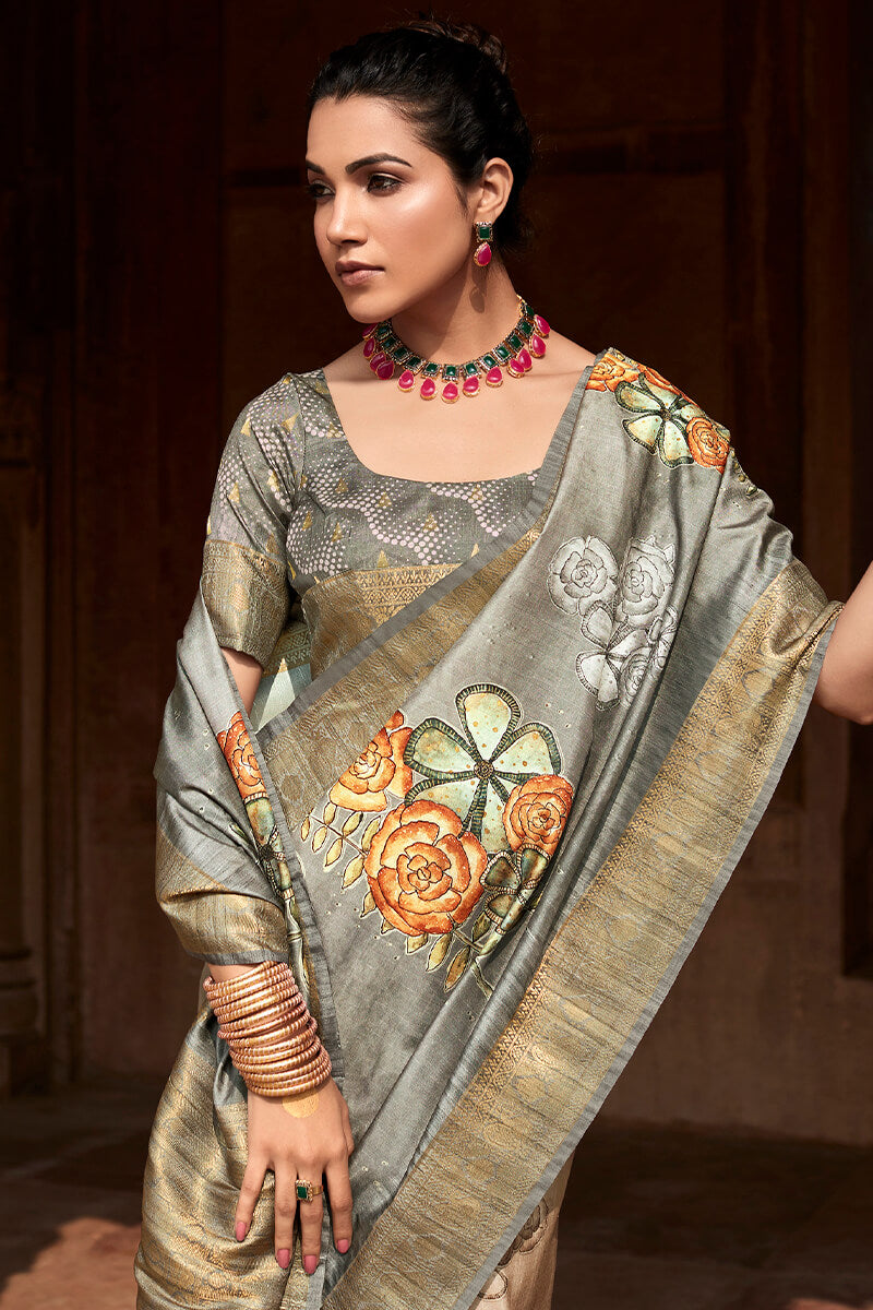 Smashing Grey Digital Printed Soft Silk Saree With Sonorous Blouse Piece