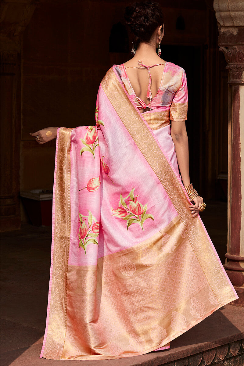 Proficient Baby Pink Digital Printed Soft Silk Saree With Scintillating Blouse Piece