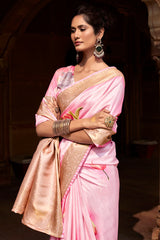 Proficient Baby Pink Digital Printed Soft Silk Saree With Scintillating Blouse Piece