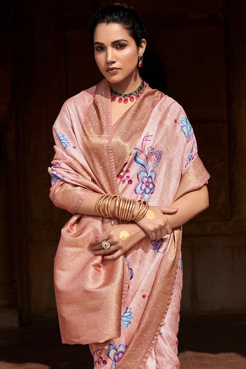 Comely Beige Digital Printed Soft Silk Saree With Dulcet Blouse Piece