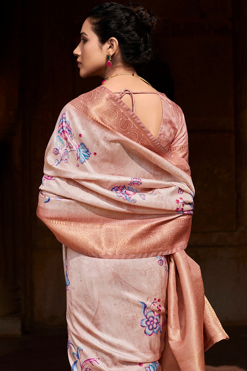 Comely Beige Digital Printed Soft Silk Saree With Dulcet Blouse Piece