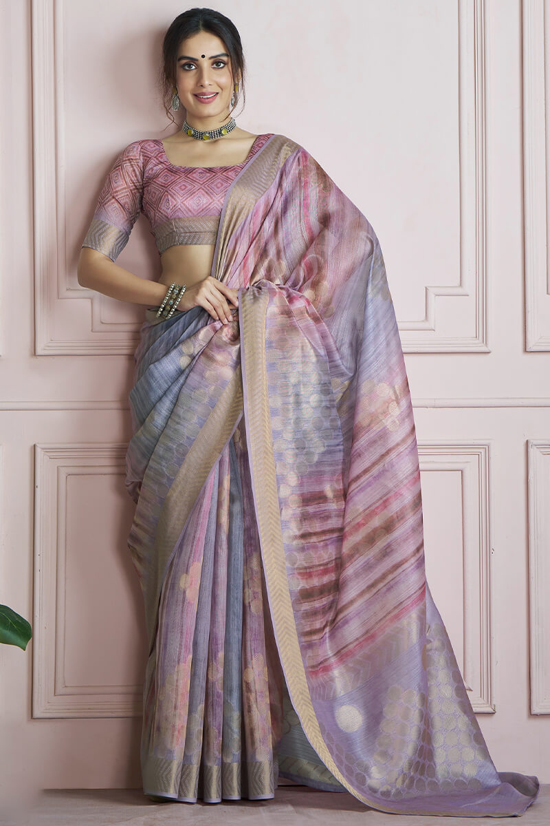 Incredible Lavender Digital Printed Khadi Silk Saree With Effervescent Blouse Piece