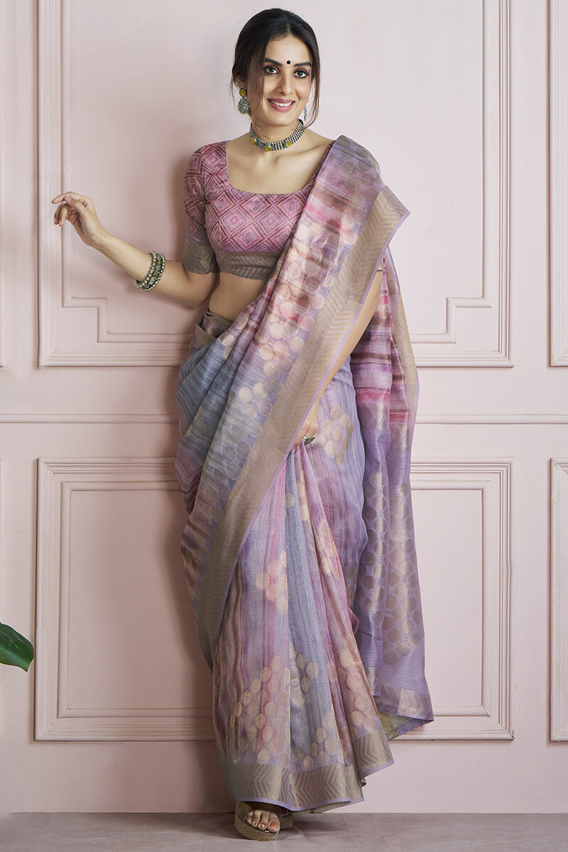 Incredible Lavender Digital Printed Khadi Silk Saree With Effervescent Blouse Piece