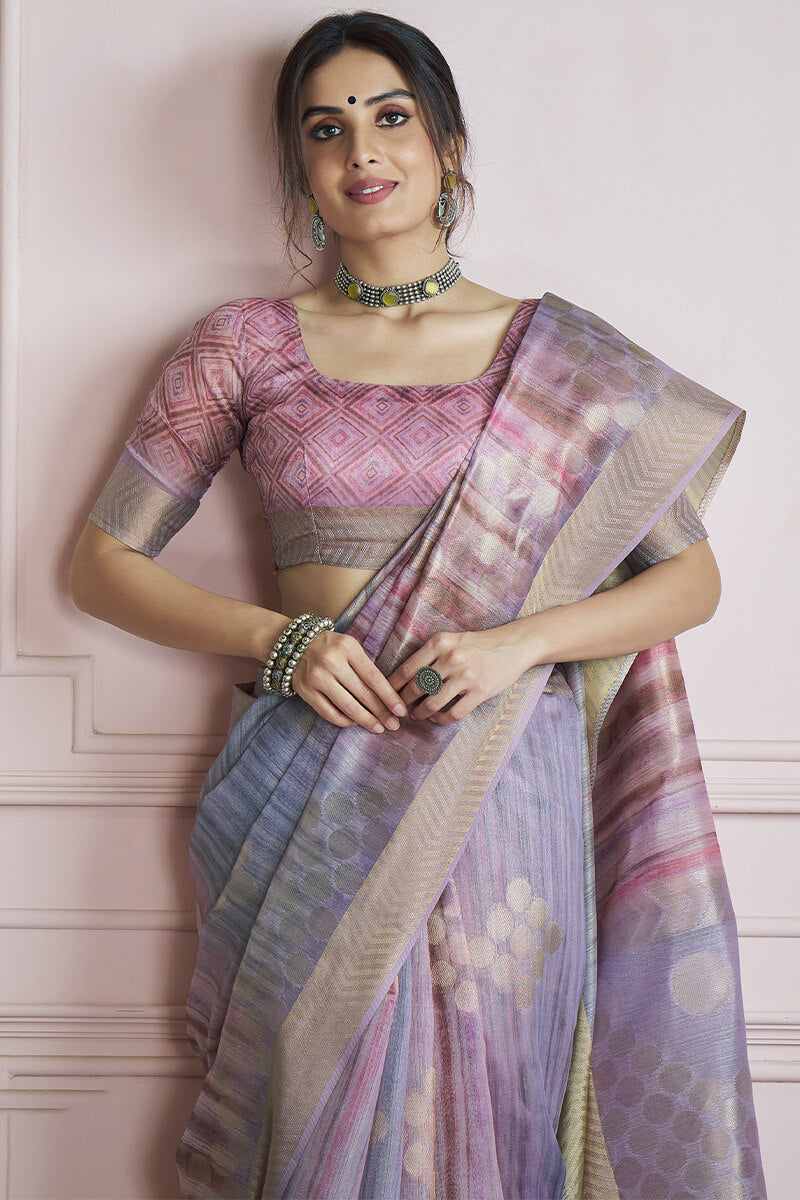 Incredible Lavendor Digital Printed Khadi Silk Saree With Effervescent Blouse Piece