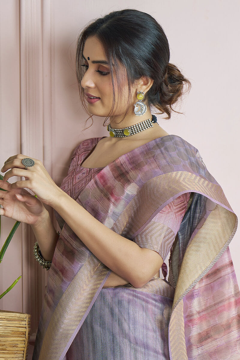 Incredible Lavender Digital Printed Khadi Silk Saree With Effervescent Blouse Piece