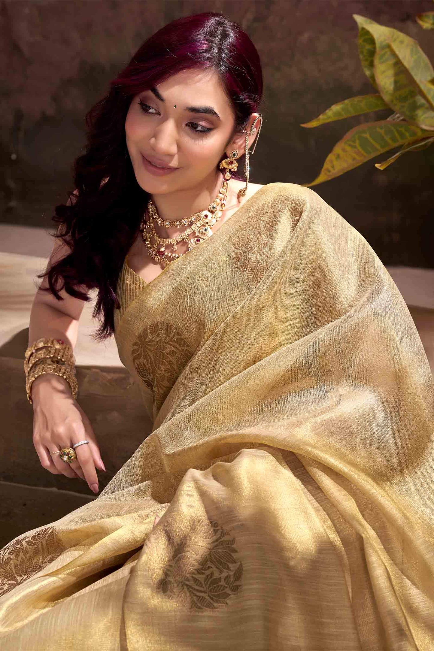 Propinquity Beige Soft Banarasi Tissue Silk Saree With Enchanting Blouse Piece