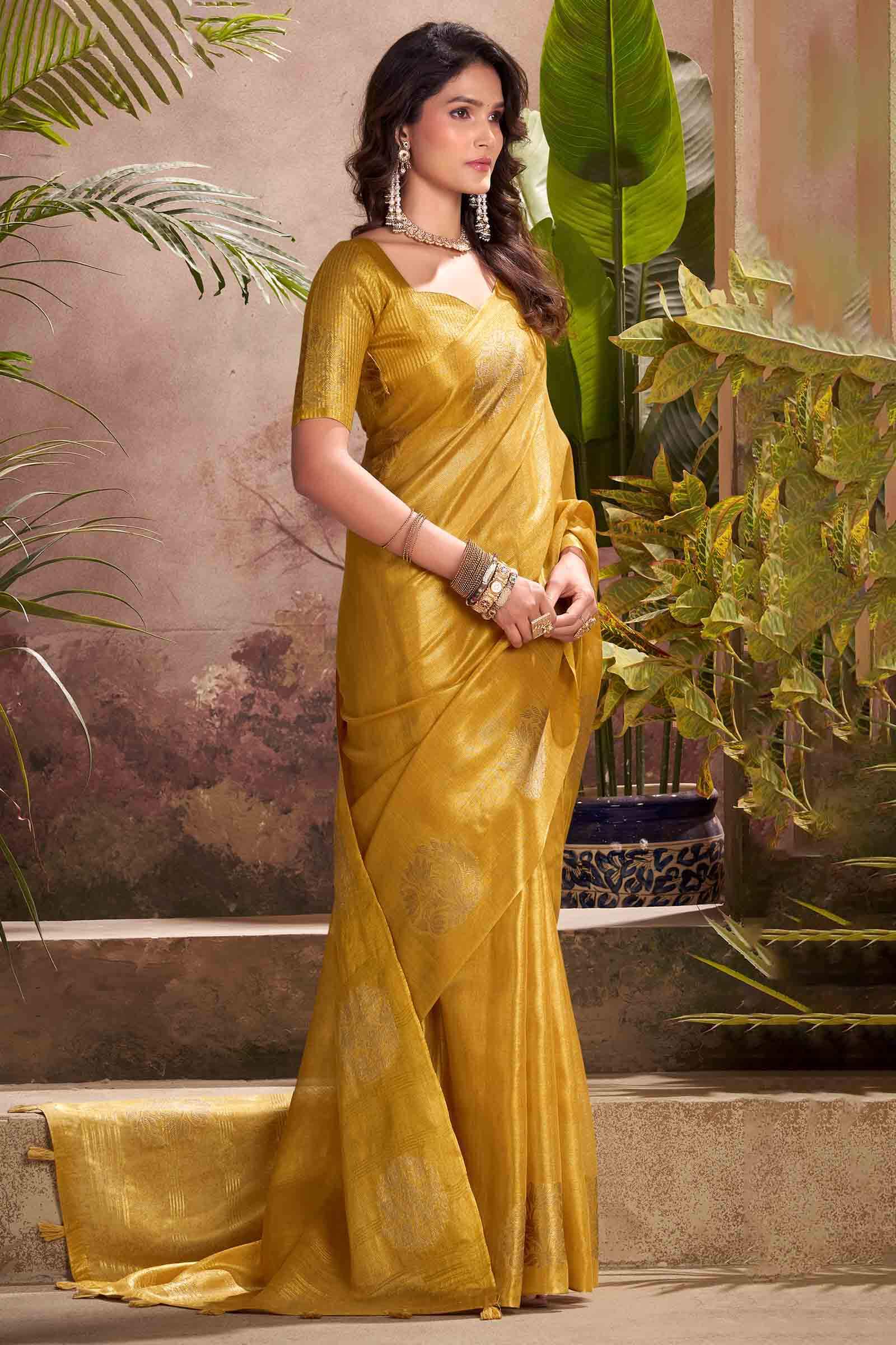 Exquisite Mustard Soft Banarasi Tissue Silk Saree With Panoply Blouse Piece