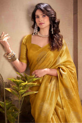 Exquisite Mustard Soft Banarasi Tissue Silk Saree With Panoply Blouse Piece