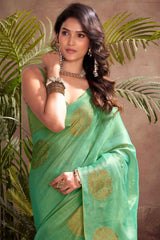Classic Turquoise Soft Banarasi Tissue Silk Saree With Flameboyant Blouse Piece