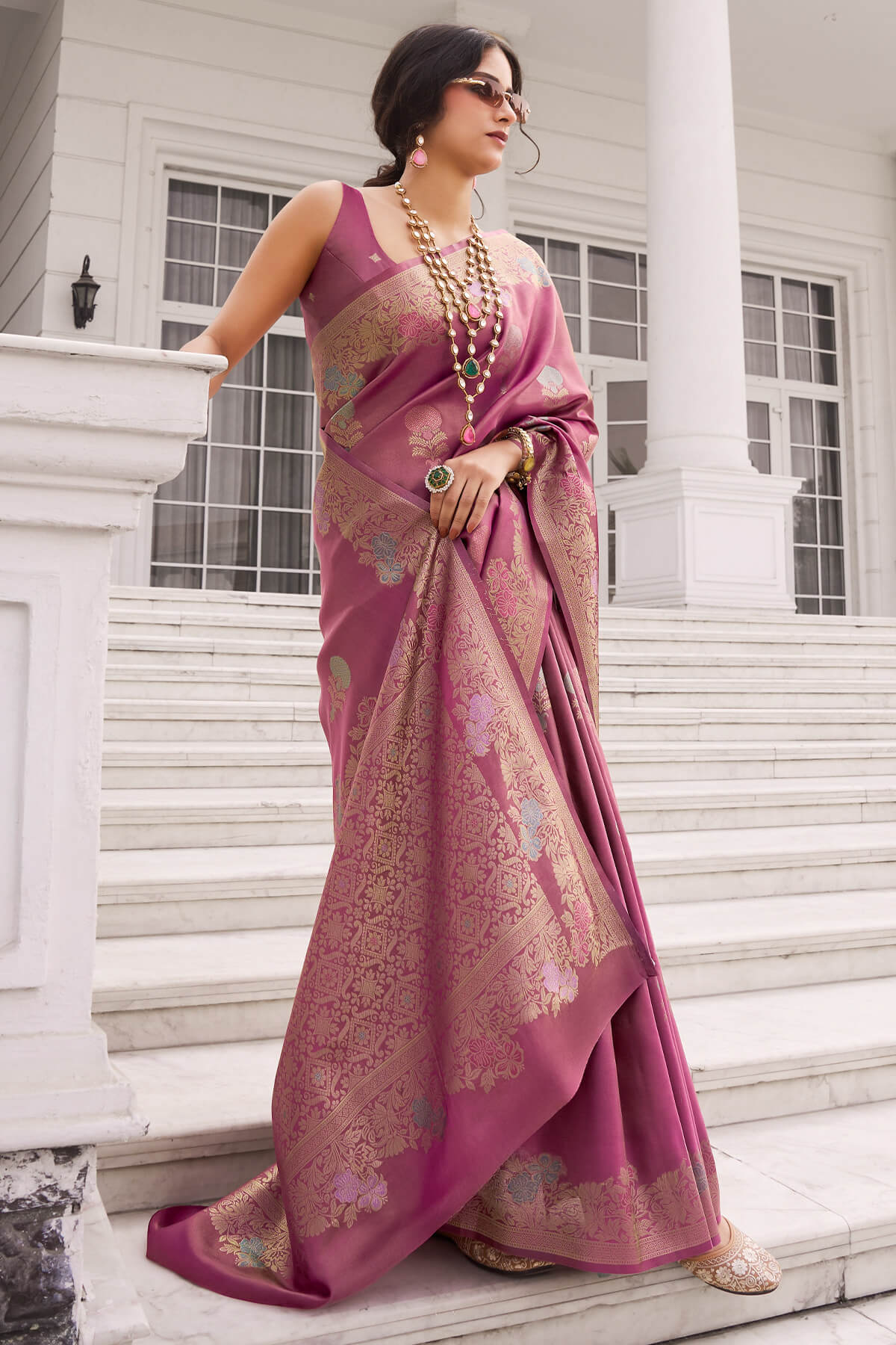 Dazzling Wine Banarasi Tissue Silk Saree With Incredible Blouse Piece