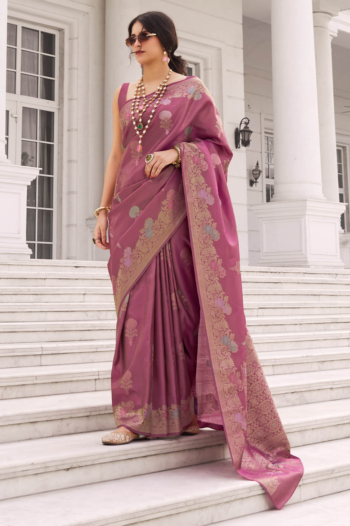 Dazzling Wine Banarasi Tissue Silk Saree With Incredible Blouse Piece