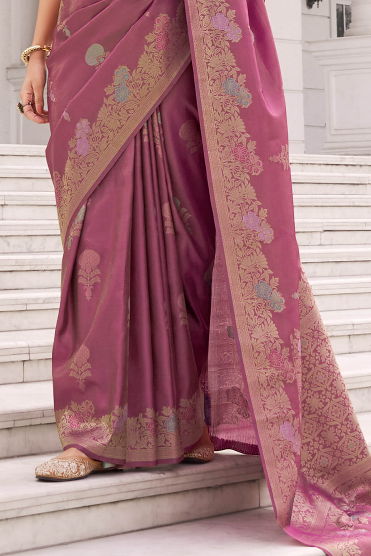 Dazzling Wine Banarasi Tissue Silk Saree With Incredible Blouse Piece