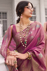 Dazzling Wine Banarasi Tissue Silk Saree With Incredible Blouse Piece