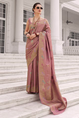 Fragrant Pink Banarasi Tissue Silk Saree With Ailurophile Blouse Piece