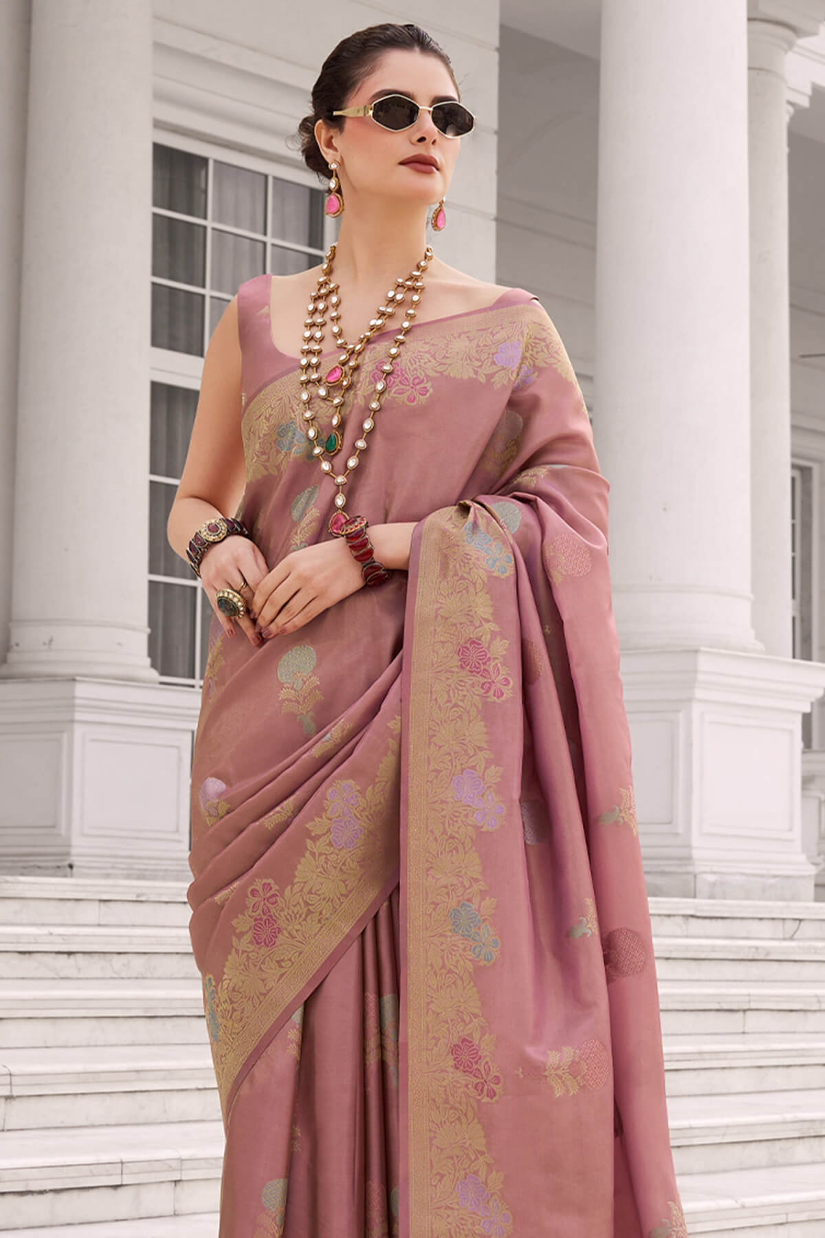 Fragrant Pink Banarasi Tissue Silk Saree With Ailurophile Blouse Piece