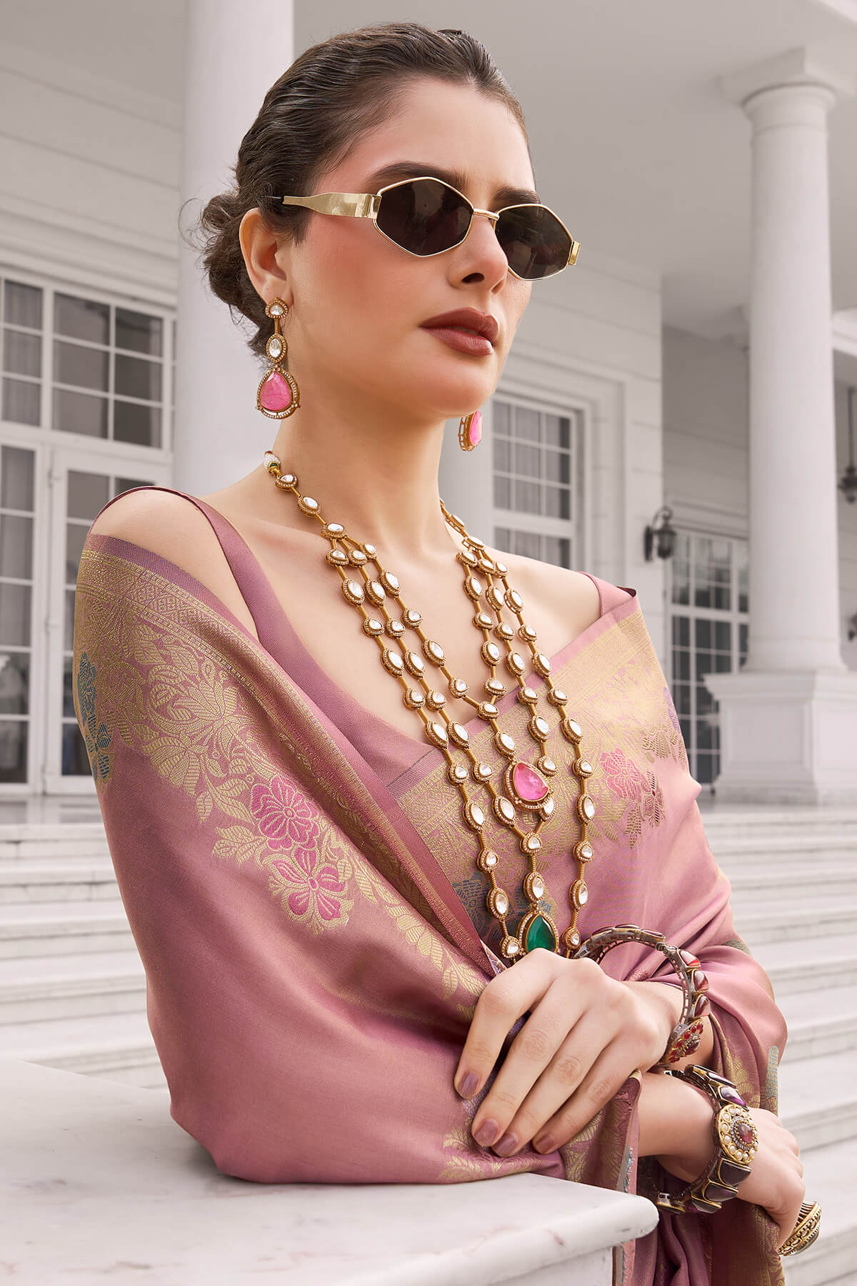 Fragrant Pink Banarasi Tissue Silk Saree With Ailurophile Blouse Piece
