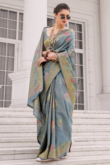 Embrocation Blue Banarasi Tissue Silk Saree With Luminous Blouse Piece