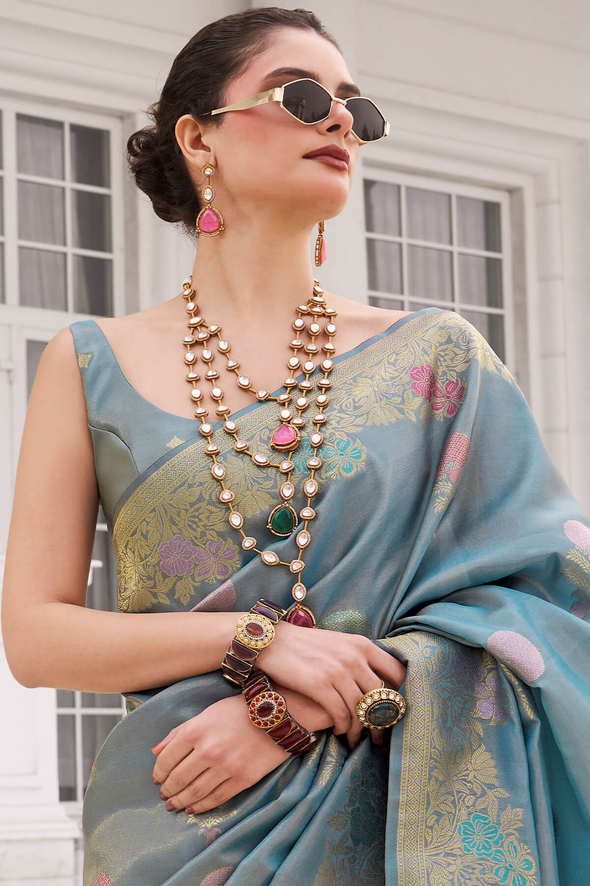 Embrocation Blue Banarasi Tissue Silk Saree With Luminous Blouse Piece