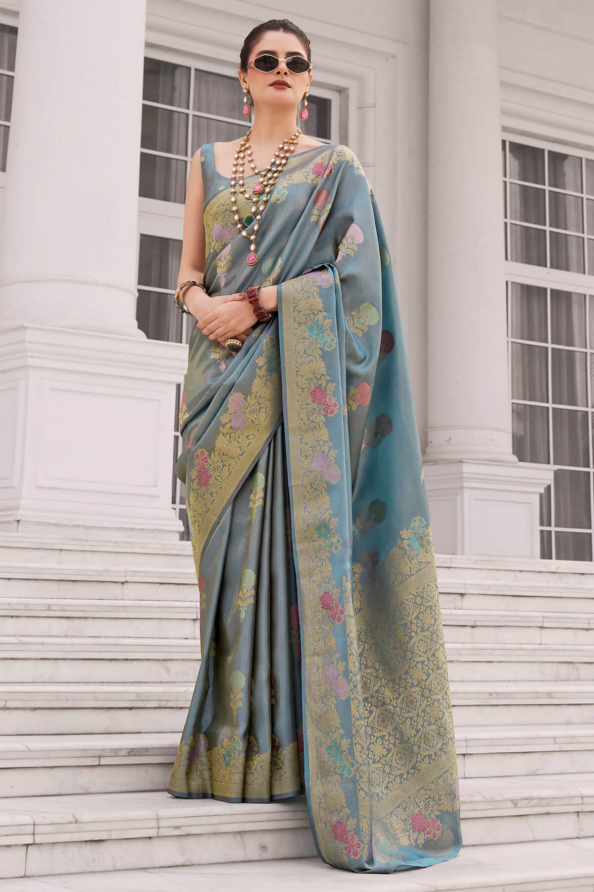 Embrocation Blue Banarasi Tissue Silk Saree With Luminous Blouse Piece