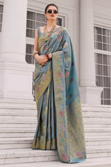 Embrocation Blue Banarasi Tissue Silk Saree With Luminous Blouse Piece