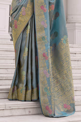 Embrocation Blue Banarasi Tissue Silk Saree With Luminous Blouse Piece