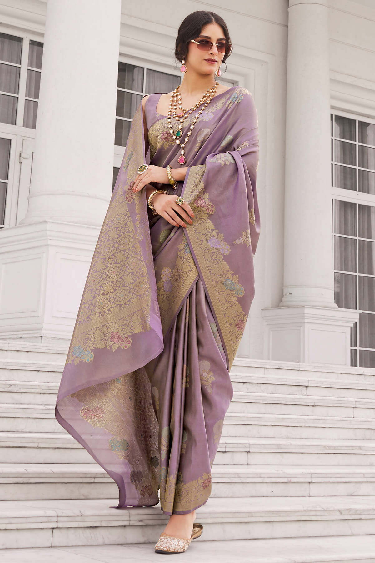 Adorable Lavender Banarasi Tissue Silk Saree With Delightful Blouse Piece