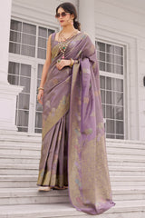 Adorable Lavender Banarasi Tissue Silk Saree With Delightful Blouse Piece