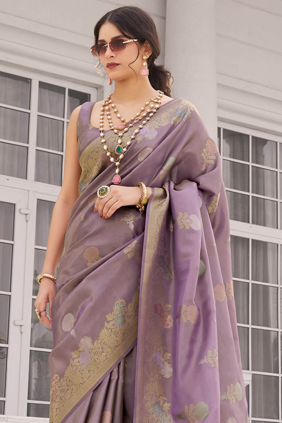 Adorable Lavender Banarasi Tissue Silk Saree With Delightful Blouse Piece
