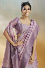 Elaborate Lavender Digital Printed Soft Silk Saree With Sophisticated Blouse Piece