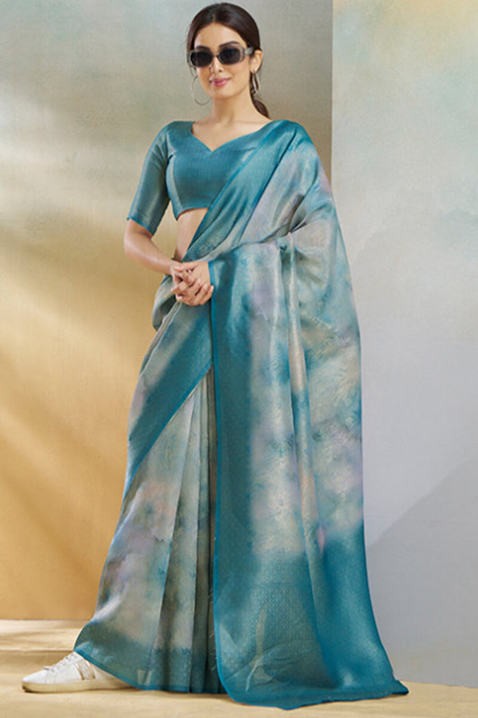 Dissemble Blue Digital Printed Soft Silk Saree With Serendipity Blouse Piece