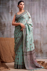 Diaphanous Sky Cotton Silk Saree With Moiety Blouse Piece