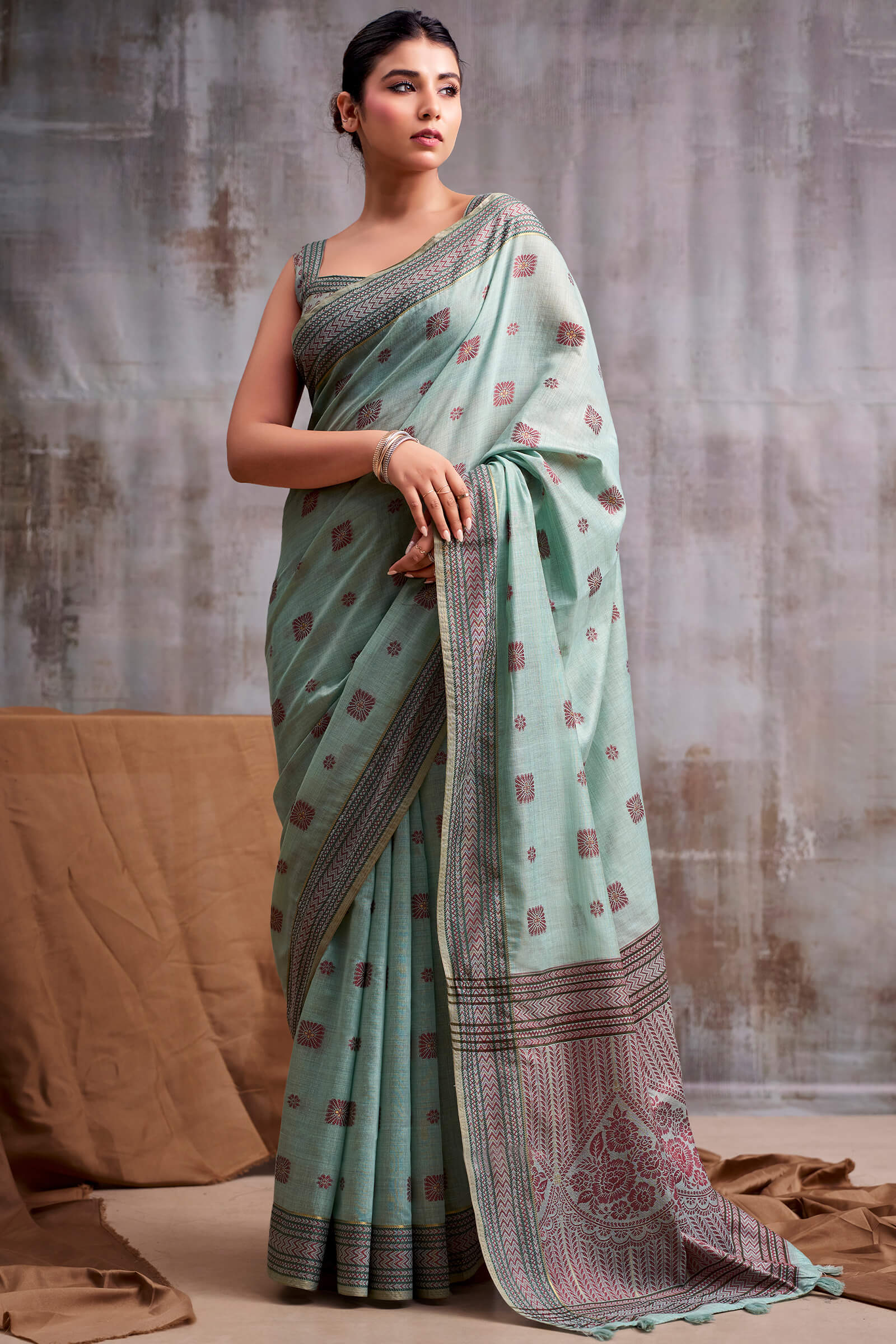 Diaphanous Sky Cotton Silk Saree With Moiety Blouse Piece