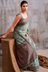 Diaphanous Sky Cotton Silk Saree With Moiety Blouse Piece