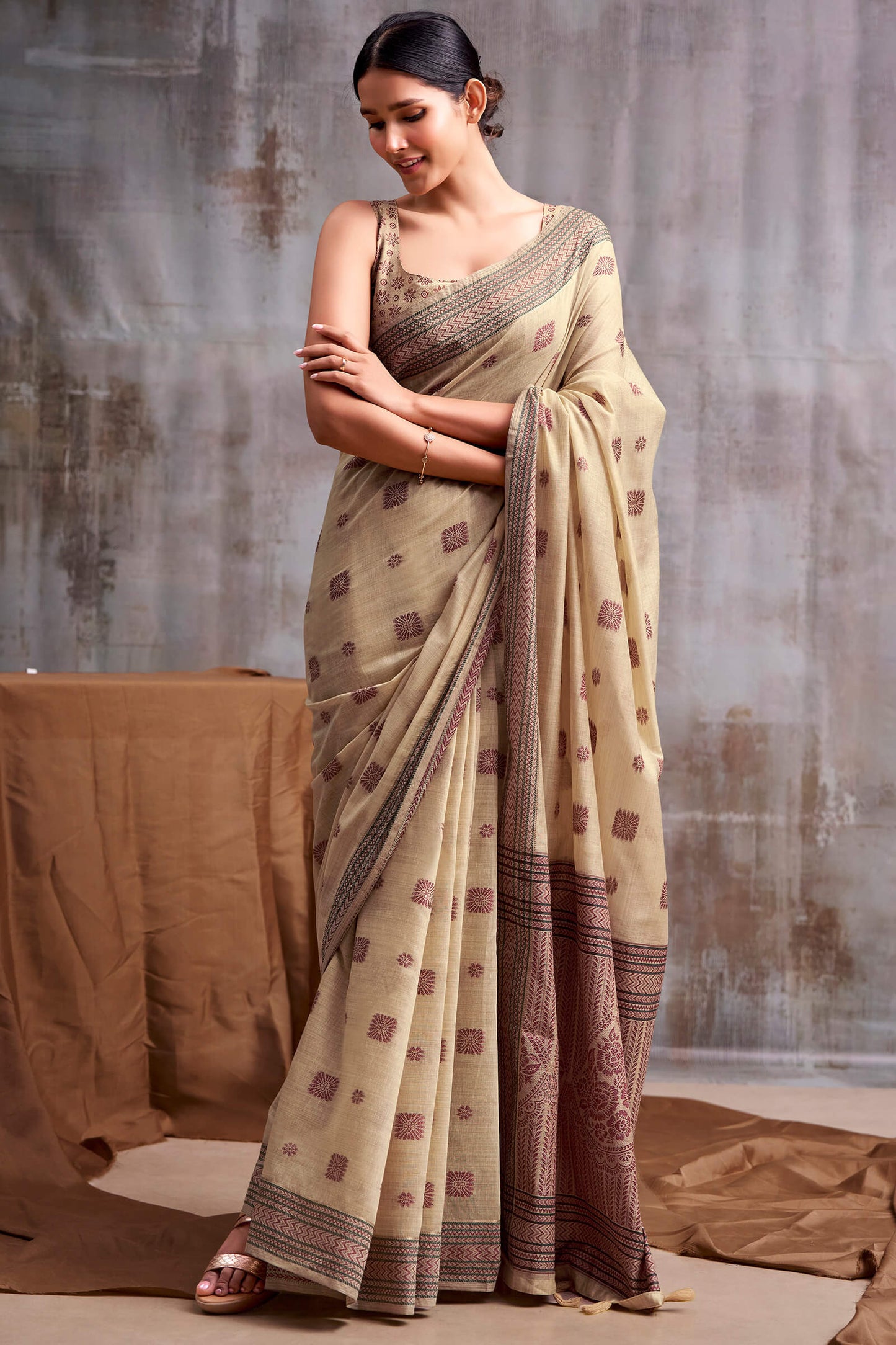 Excellent Beige Cotton Silk Saree With Supernal Blouse Piece