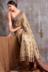 Excellent Beige Cotton Silk Saree With Supernal Blouse Piece