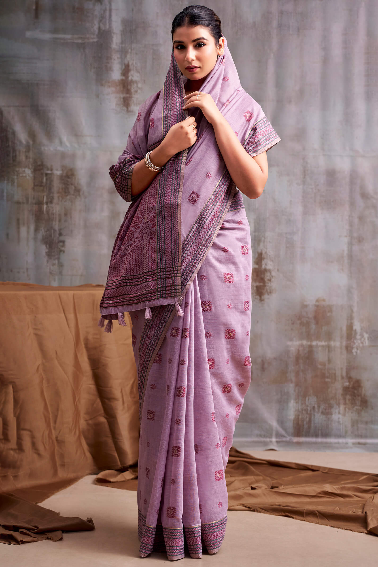 Whimsical Lavender Cotton Silk Saree With Vibrant Blouse Piece